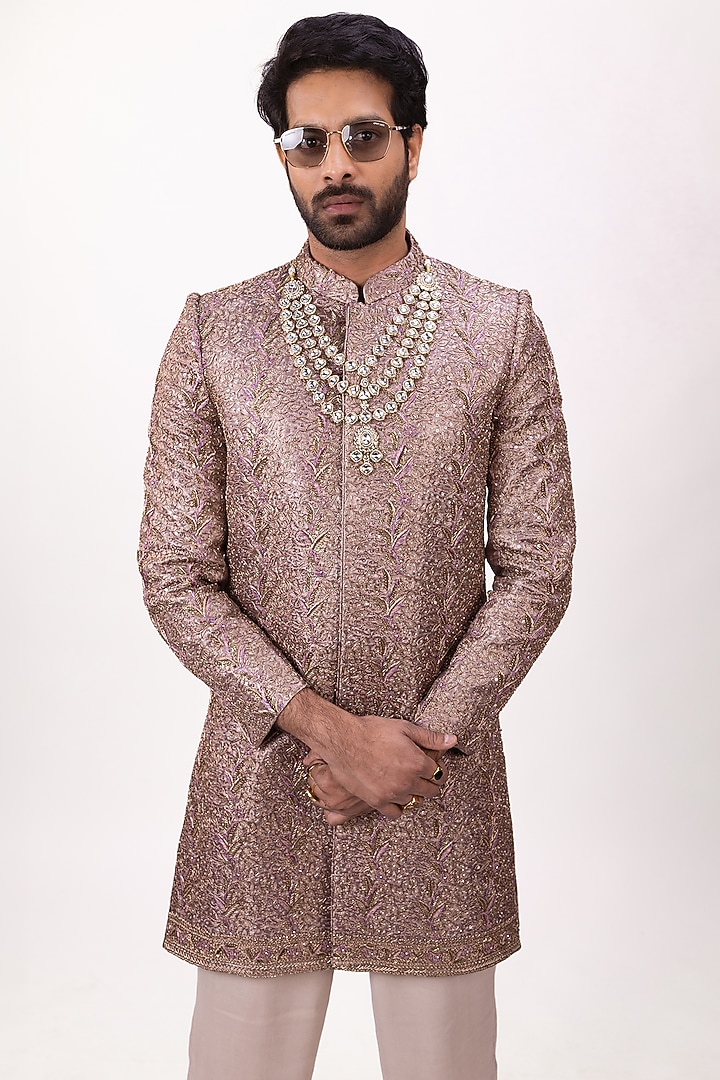 Dusty Purple Banarasi Silk Zardosi Embroidered Groom Sherwani Set by House of Sannidhi at Pernia's Pop Up Shop