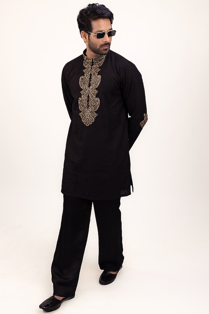 Black Raw Silk Zardosi Embroidered Kurta Set by House of Sannidhi at Pernia's Pop Up Shop