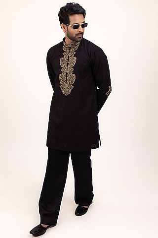 Black Raw Silk Zardosi Embroidered Kurta Set by House of Sannidhi