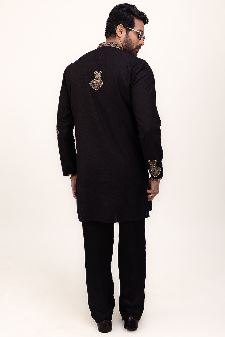 Black Raw Silk Zardosi Embroidered Kurta Set by House of Sannidhi at Pernia's Pop Up Shop