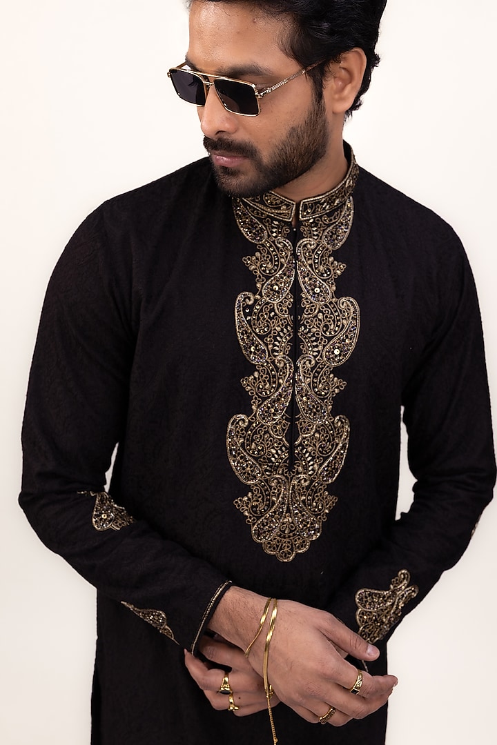 Black Raw Silk Zardosi Embroidered Kurta Set by House of Sannidhi at Pernia's Pop Up Shop