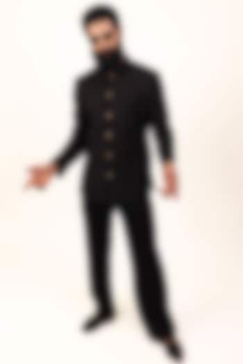 Black Raw Silk Zardosi Embroidered Groom Bandhgala Set by House of Sannidhi at Pernia's Pop Up Shop