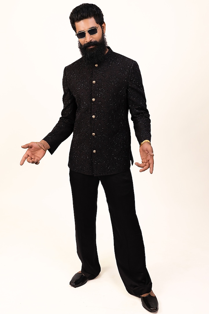 Black Raw Silk Zardosi Embroidered Groom Bandhgala Set by House of Sannidhi at Pernia's Pop Up Shop