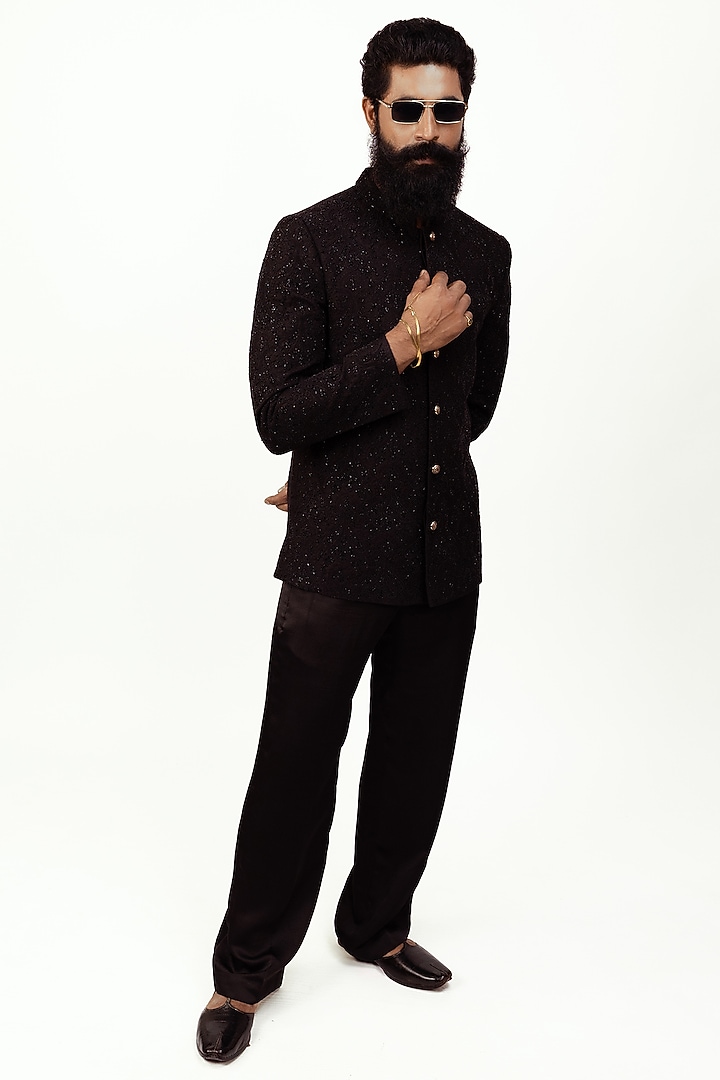 Black Raw Silk Zardosi Embroidered Groom Bandhgala Set by House of Sannidhi at Pernia's Pop Up Shop