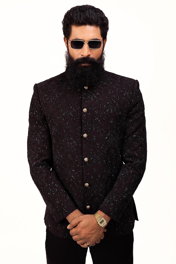 Black Raw Silk Zardosi Embroidered Groom Bandhgala Set by House of Sannidhi at Pernia's Pop Up Shop