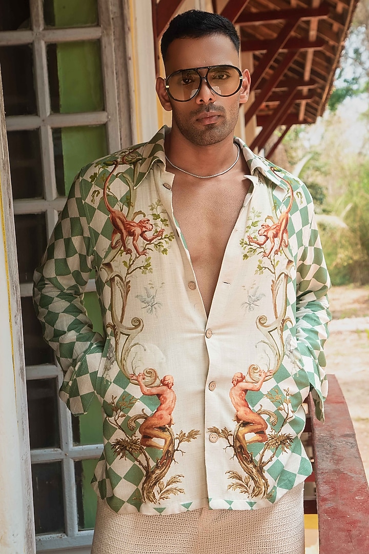 Beige & Green Linen Printed Shacket by House of Sannidhi at Pernia's Pop Up Shop
