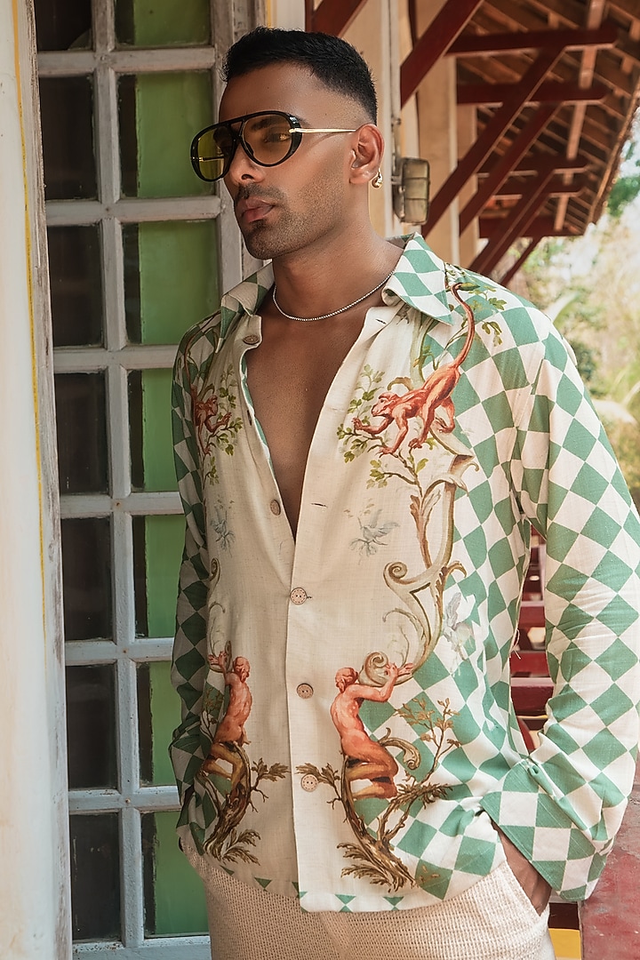 Beige & Green Linen Printed Shacket by House of Sannidhi at Pernia's Pop Up Shop