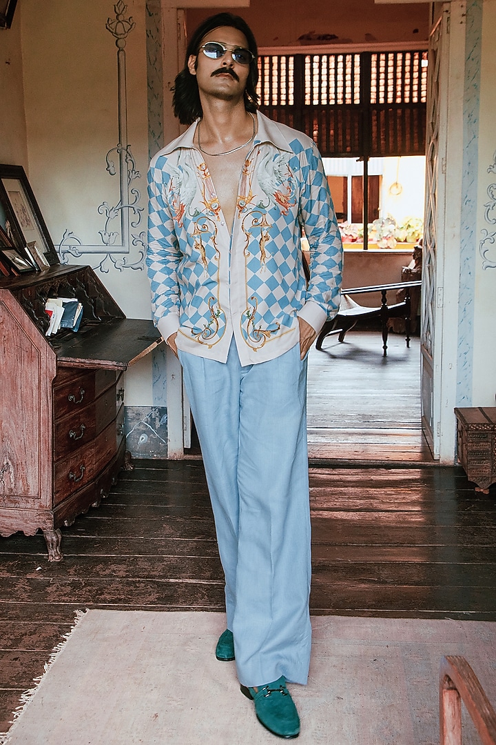 Blue Mushroom Grass Printed Party Wear Shirt by House of Sannidhi at Pernia's Pop Up Shop