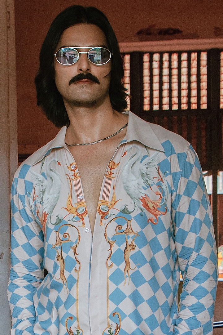 Blue Mushroom Grass Printed Party Wear Shirt by House of Sannidhi at Pernia's Pop Up Shop