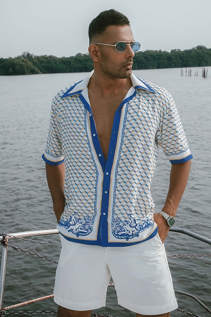 White & Blue Mushroom Grass Printed Party Wear Shirt by House of Sannidhi at Pernia's Pop Up Shop