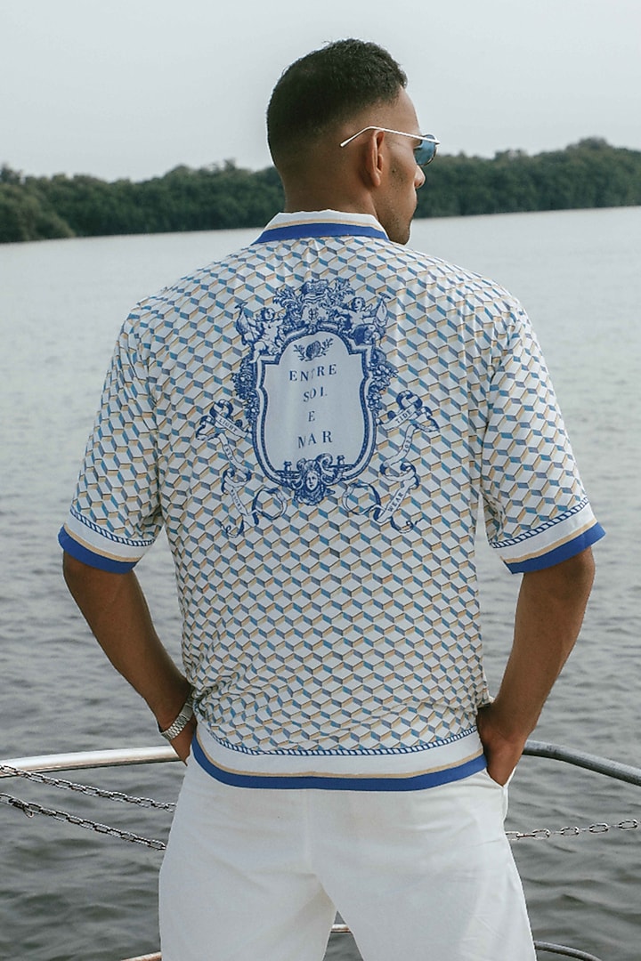 White & Blue Mushroom Grass Printed Party Wear Shirt by House of Sannidhi at Pernia's Pop Up Shop