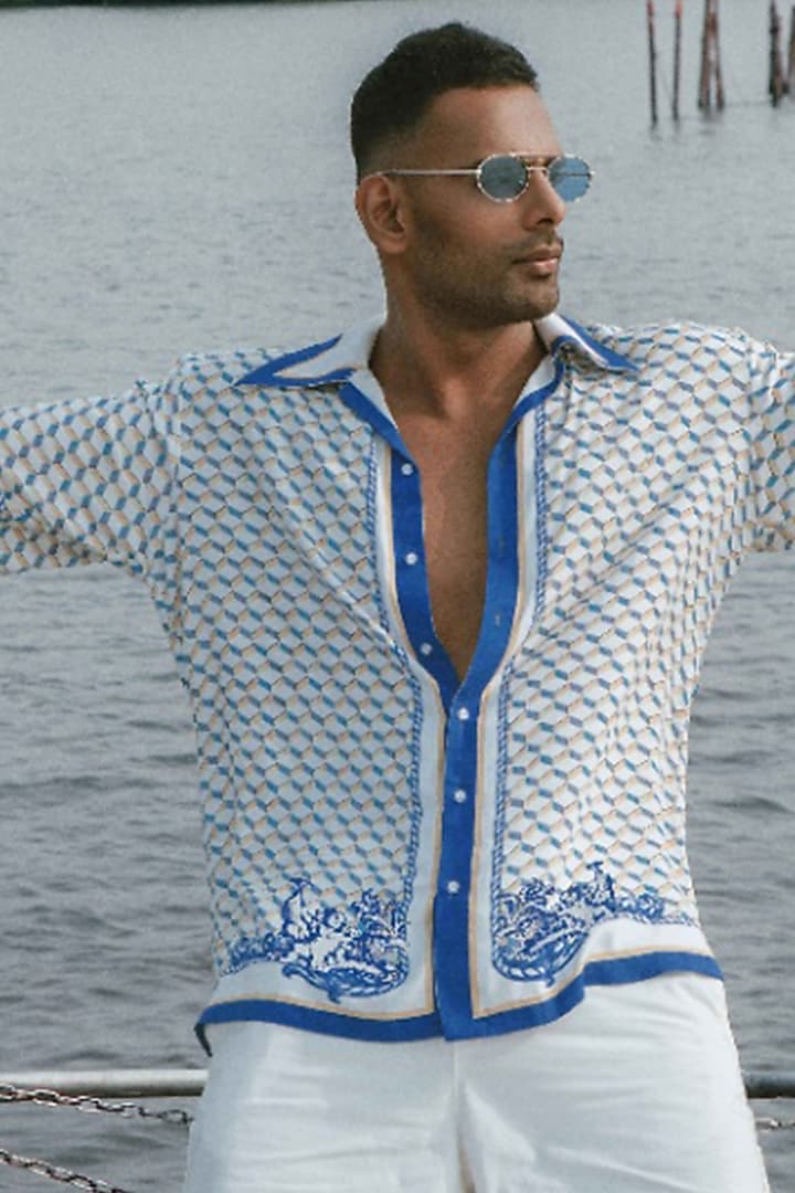 White & Blue Mushroom Grass Printed Party Wear Shirt by House of Sannidhi at Pernia's Pop Up Shop