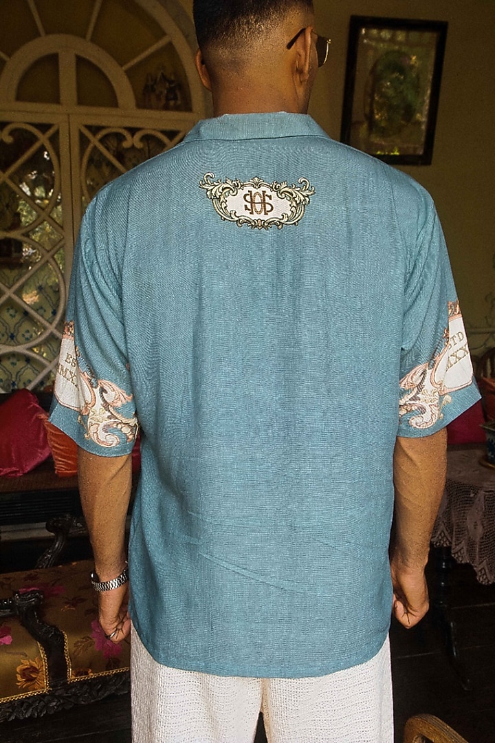 Blue Linen Printed Party Wear Shirt by House of Sannidhi at Pernia's Pop Up Shop