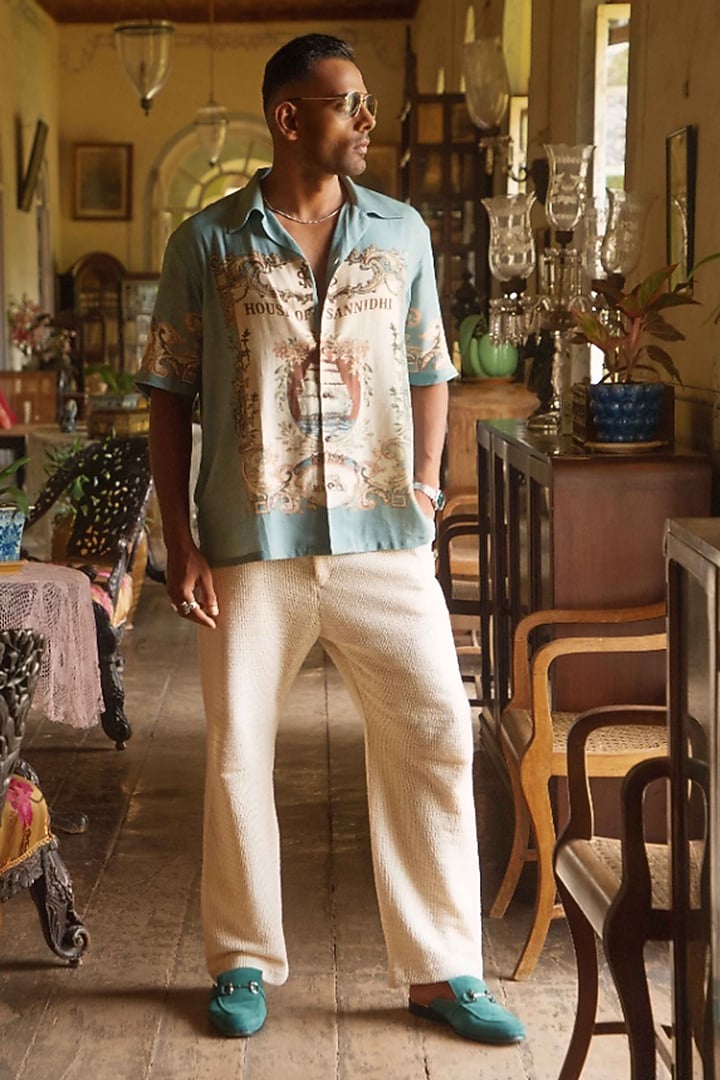 Blue Linen Printed Party Wear Shirt by House of Sannidhi at Pernia's Pop Up Shop