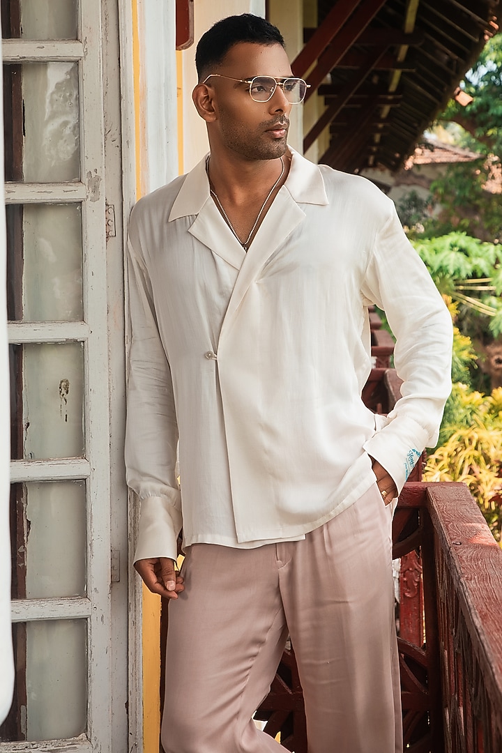 Beige Modal Satin Machine Embroidered Party Wear Shirt by House of Sannidhi at Pernia's Pop Up Shop