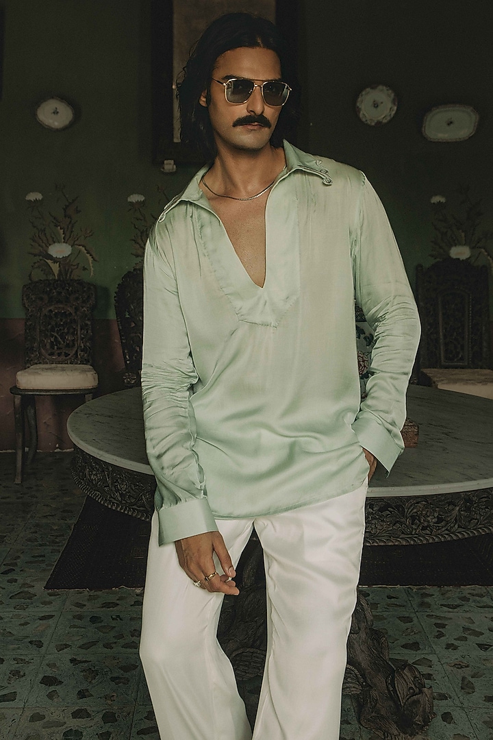 Light Green Modal Satin Machine Embroidered Party Wear Shirt by House of Sannidhi at Pernia's Pop Up Shop