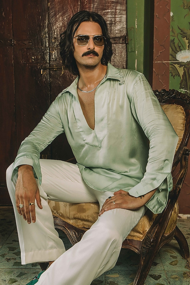Light Green Modal Satin Machine Embroidered Party Wear Shirt by House of Sannidhi at Pernia's Pop Up Shop