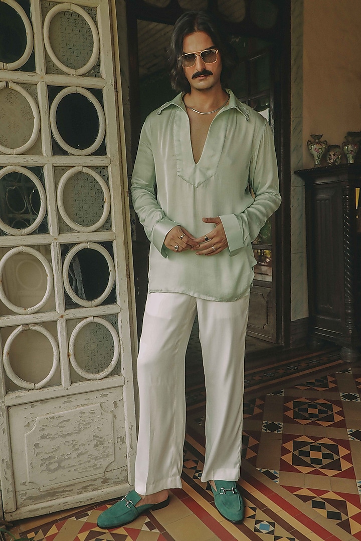 Light Green Modal Satin Machine Embroidered Party Wear Shirt by House of Sannidhi at Pernia's Pop Up Shop