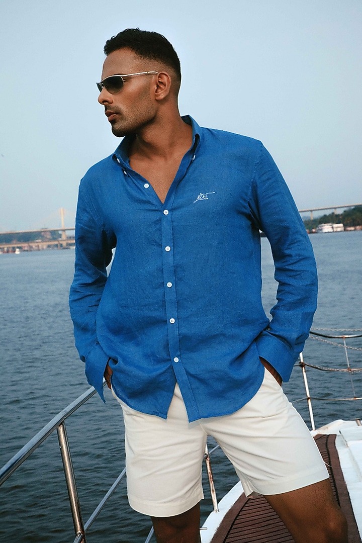 Cobalt Blue Linen Party Wear Shirt by House of Sannidhi at Pernia's Pop Up Shop