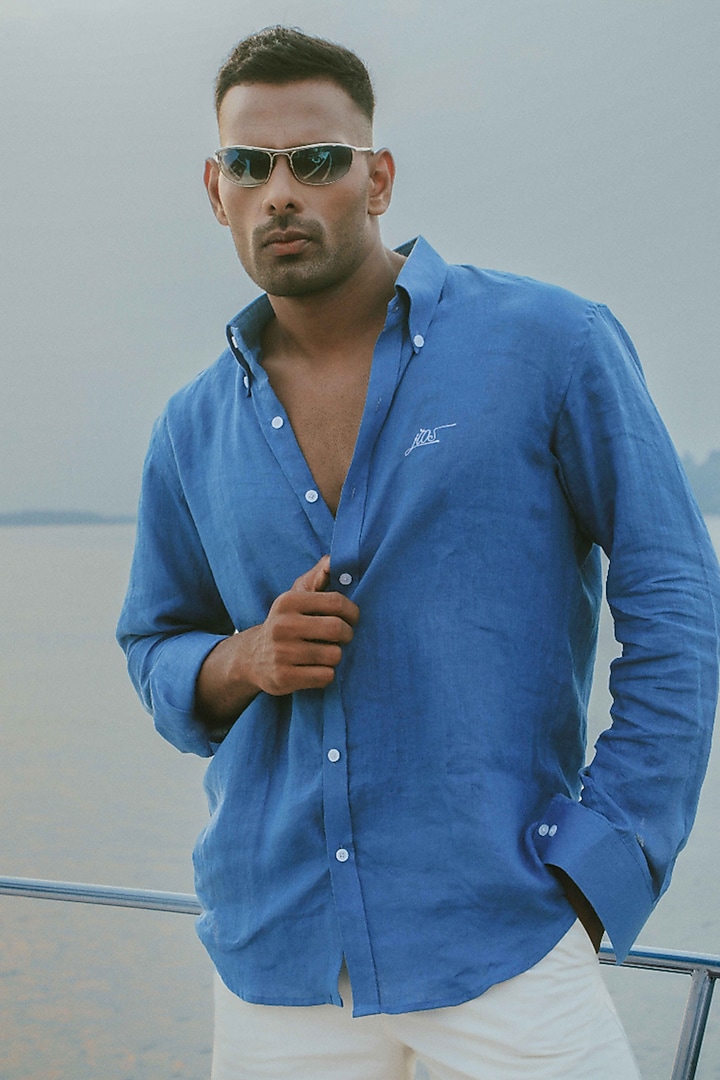 Cobalt Blue Linen Party Wear Shirt by House of Sannidhi at Pernia's Pop Up Shop