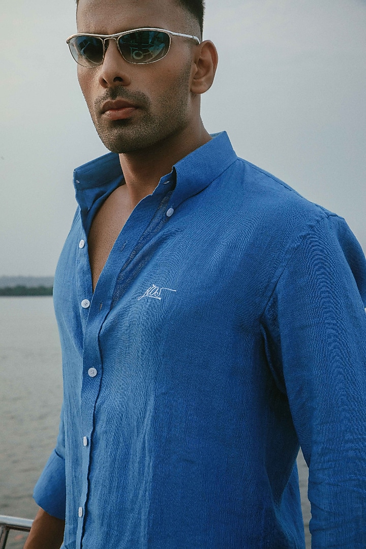 Cobalt Blue Linen Party Wear Shirt by House of Sannidhi at Pernia's Pop Up Shop