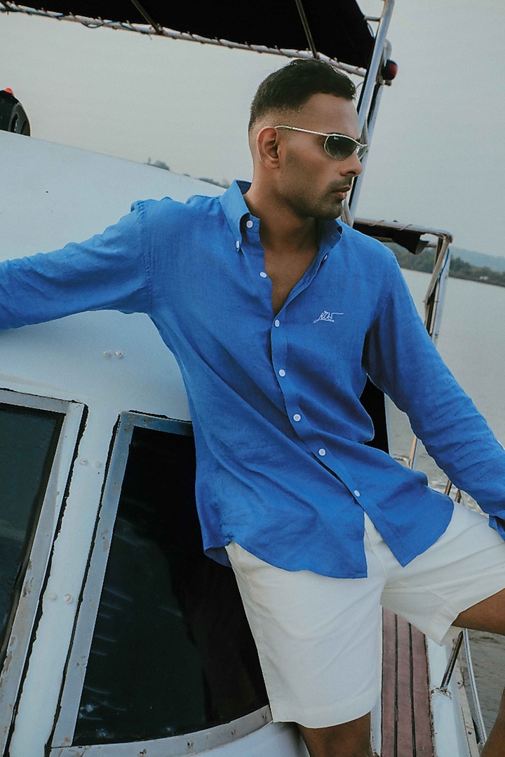 Cobalt Blue Linen Party Wear Shirt by House of Sannidhi at Pernia's Pop Up Shop