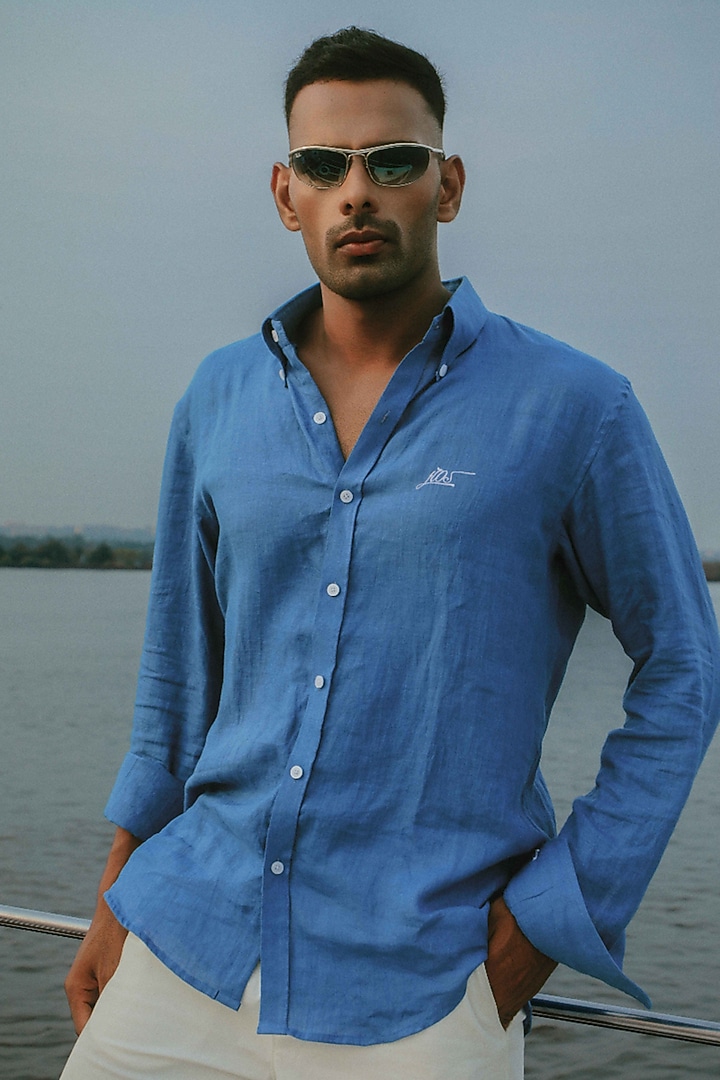 Cobalt Blue Linen Party Wear Shirt by House of Sannidhi at Pernia's Pop Up Shop