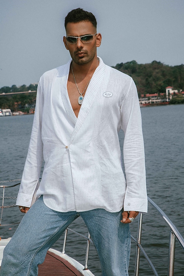 White Linen Striped Party Wear Shirt by House of Sannidhi at Pernia's Pop Up Shop