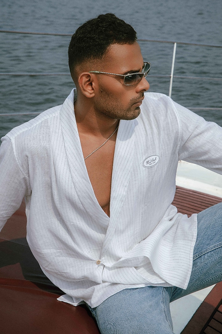 White Linen Striped Party Wear Shirt by House of Sannidhi at Pernia's Pop Up Shop