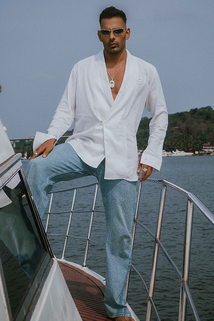 White Linen Striped Party Wear Shirt by House of Sannidhi at Pernia's Pop Up Shop