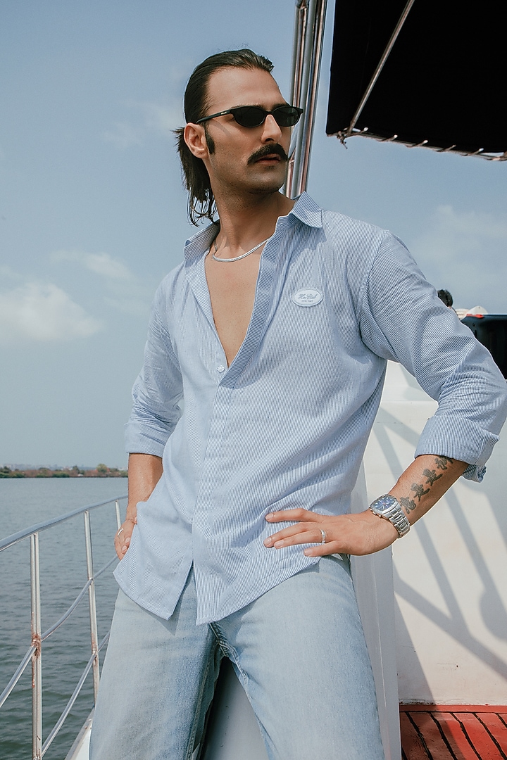 Sky Blue Cotton Patch Embroidered Party Wear Shirt by House of Sannidhi at Pernia's Pop Up Shop