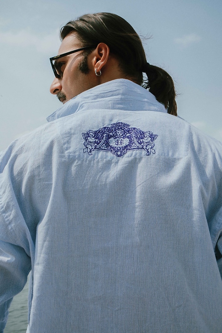 Sky Blue Cotton Patch Embroidered Party Wear Shirt by House of Sannidhi at Pernia's Pop Up Shop