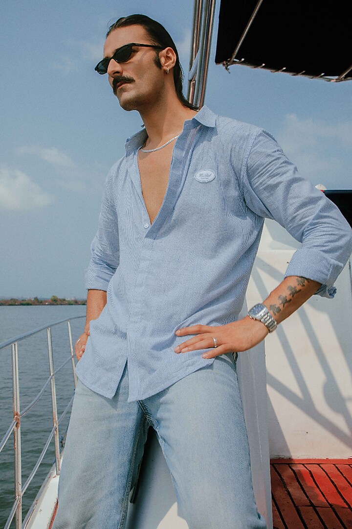 Sky Blue Cotton Patch Embroidered Party Wear Shirt by House of Sannidhi at Pernia's Pop Up Shop
