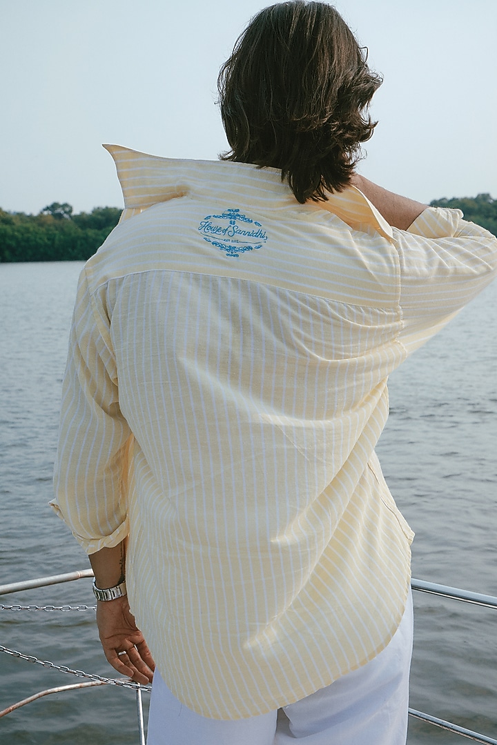 Yellow Cotton Patch Embroidered Striped Party Wear Shirt by House of Sannidhi at Pernia's Pop Up Shop