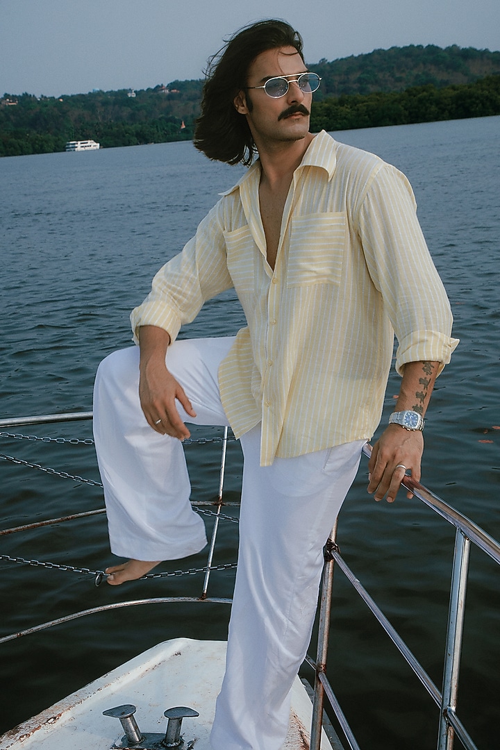 Yellow Cotton Patch Embroidered Striped Party Wear Shirt by House of Sannidhi at Pernia's Pop Up Shop