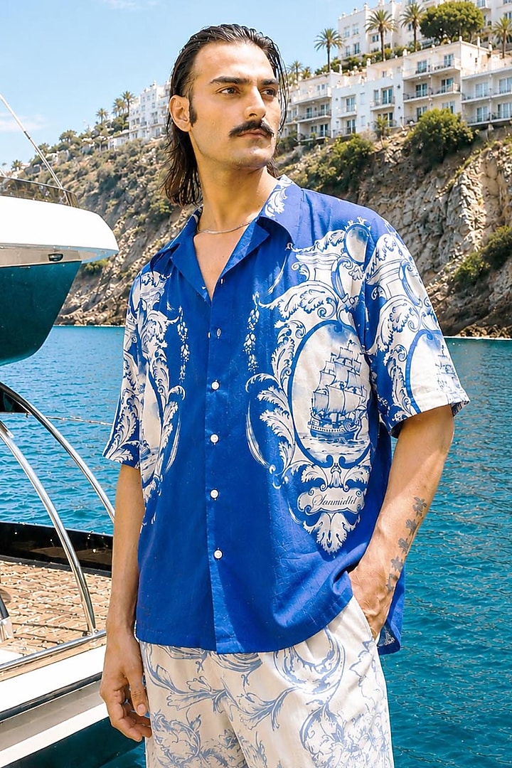 Indigo Blue Linen Party Wear Shirt by House of Sannidhi at Pernia's Pop Up Shop