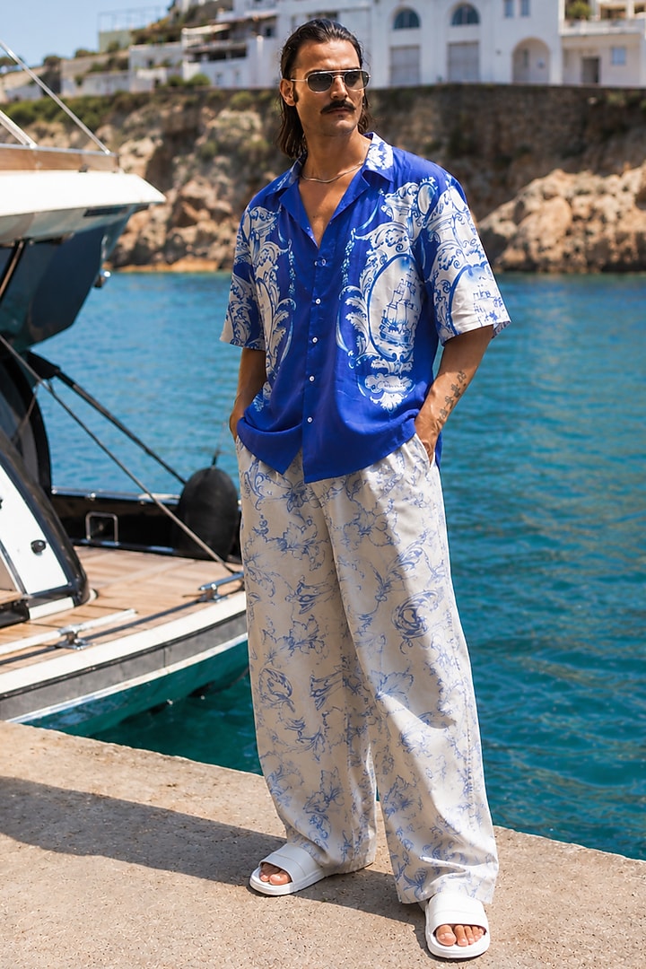 Indigo Blue Linen Party Wear Shirt by House of Sannidhi at Pernia's Pop Up Shop