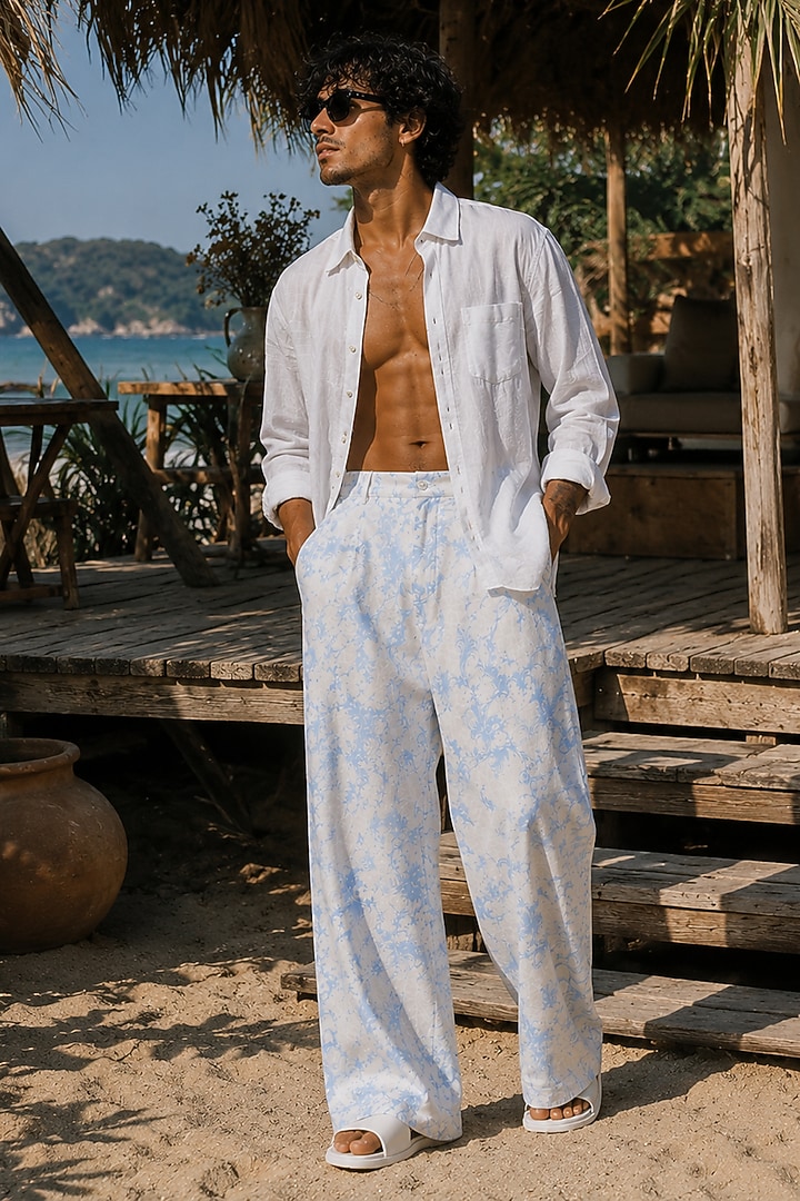 White & Blue Linen Printed Wide-Leg Trousers by House of Sannidhi at Pernia's Pop Up Shop