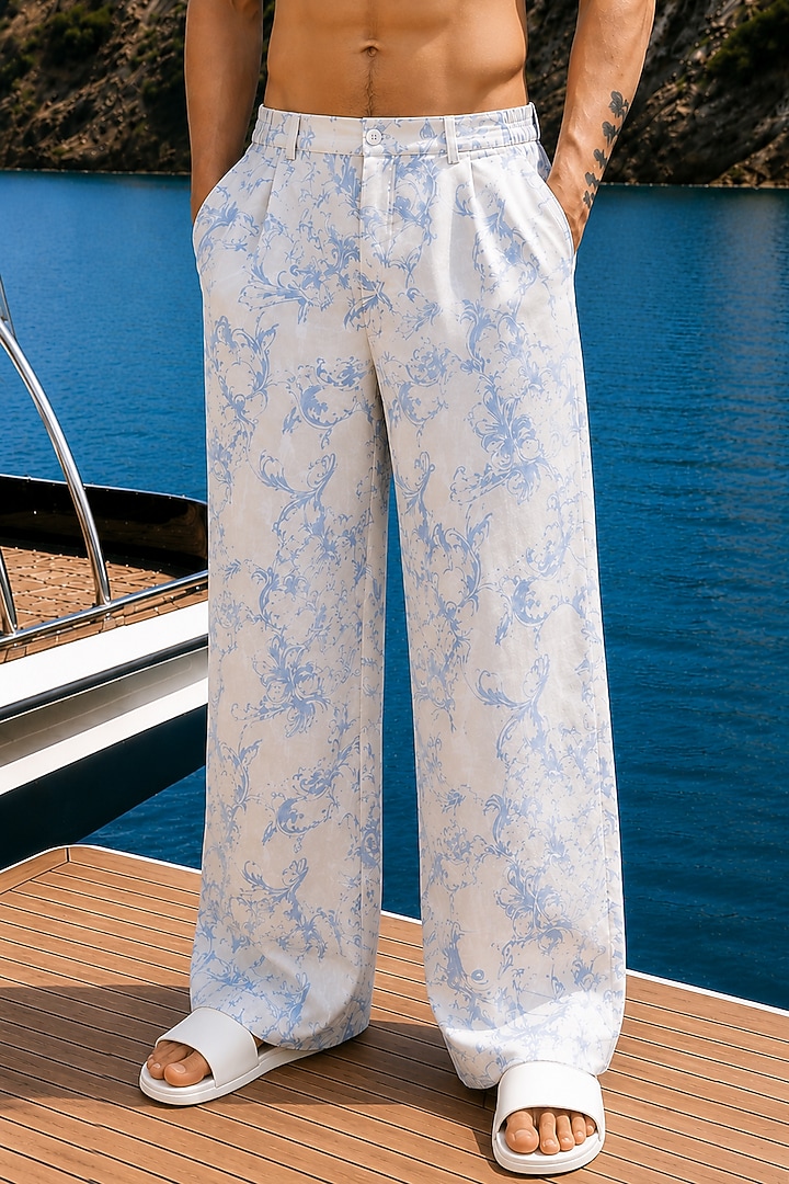 White & Blue Linen Printed Wide-Leg Trousers by House of Sannidhi at Pernia's Pop Up Shop