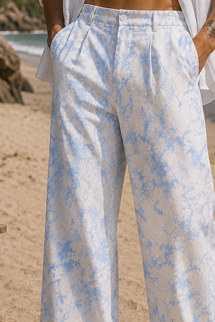White & Blue Linen Printed Wide-Leg Trousers by House of Sannidhi at Pernia's Pop Up Shop