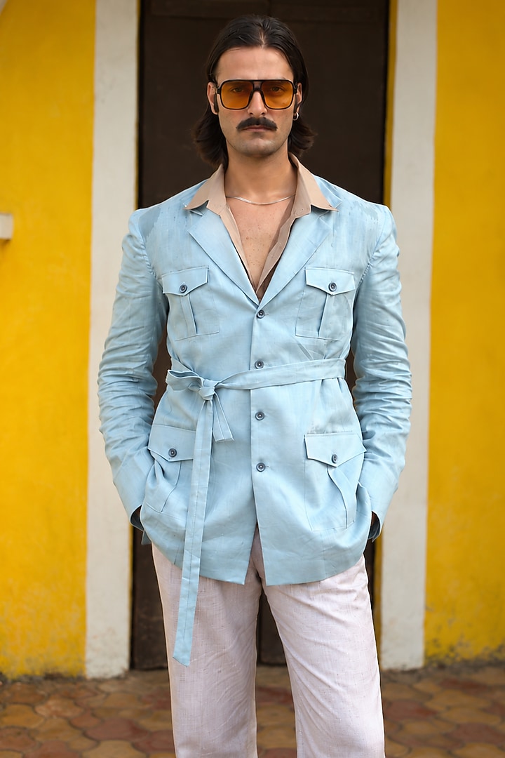 Blue Linen Safari Jacket by House of Sannidhi at Pernia's Pop Up Shop