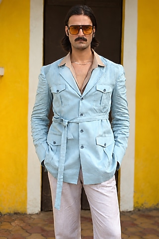 Blue Linen Safari Jacket by house of sannidhi