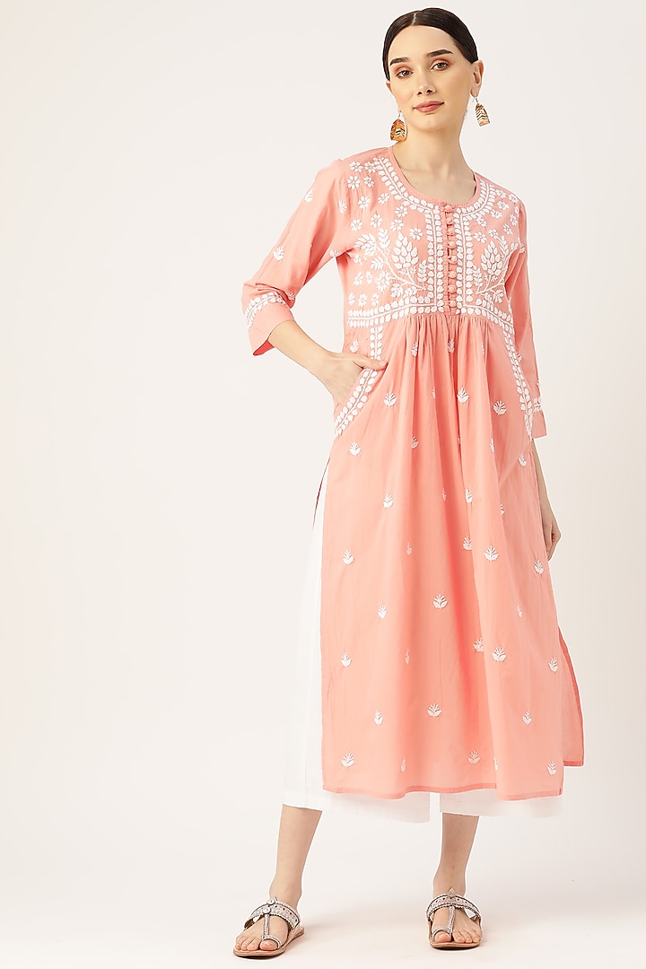 Light Pink & White Chikankari Kurta by House Of Kari at Pernia's Pop Up Shop