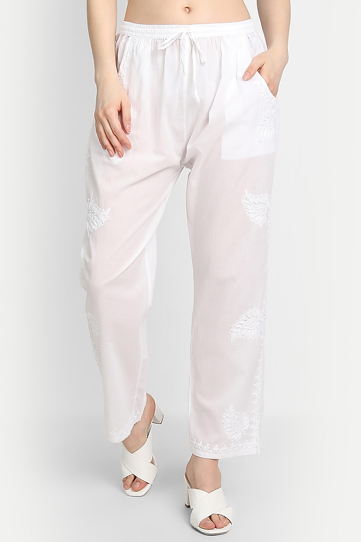 White Embroidered Pants by House Of Kari at Pernia's Pop Up Shop