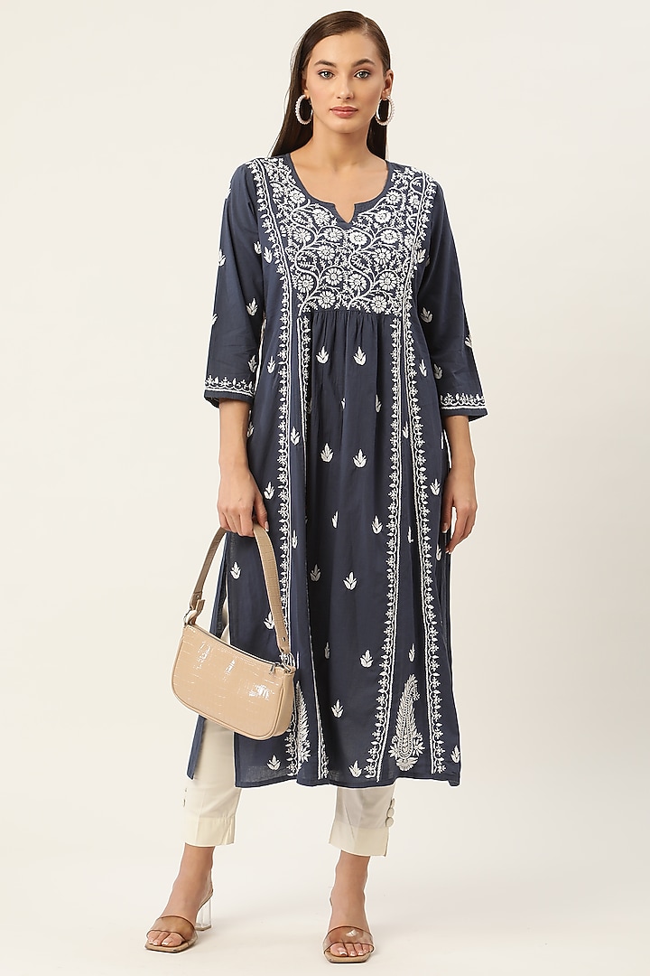 Blue Chikankari Embroidered Kurta by House Of Kari at Pernia's Pop Up Shop