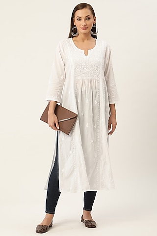 White Cotton Chikankari Tunic by House Of Kari