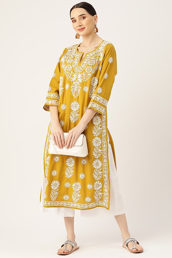 Yellow Chikankari Embroidered Kurta by House Of Kari at Pernia's Pop Up Shop
