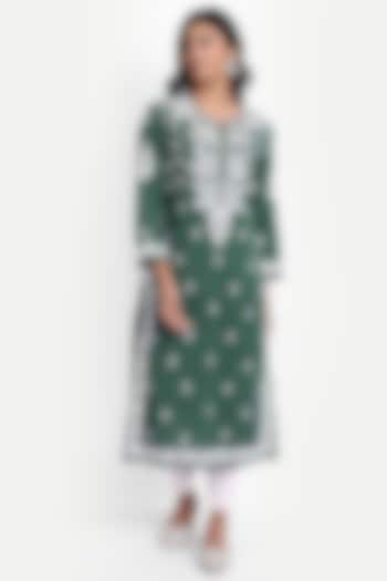 Green Cotton Hand Embroidered Kurta by House Of Kari