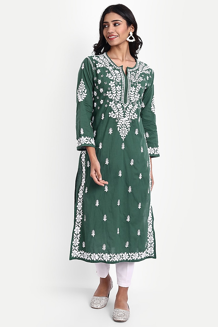 Green Cotton Hand Embroidered Kurta by House Of Kari