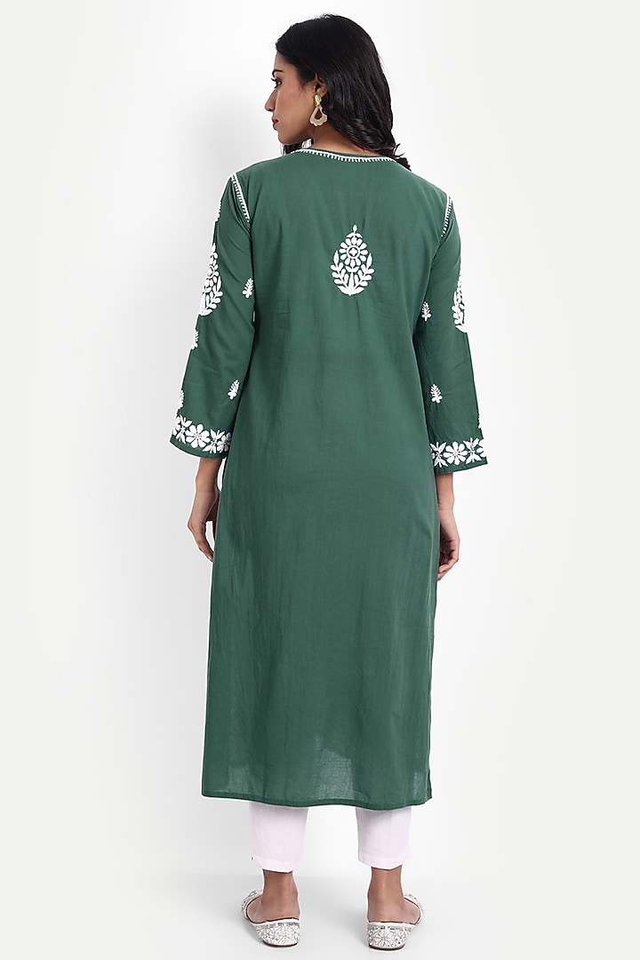 Green Cotton Hand Embroidered Kurta by House Of Kari at Pernia's Pop Up Shop